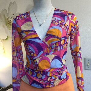 MARCIANO Colorful Printed Wrap Top Blouse V-neck Long Sleeve Transparent S